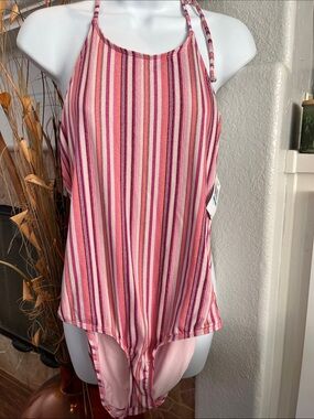 Splendid Lurex Stripe Pink Halter One-Piece Swimsuit